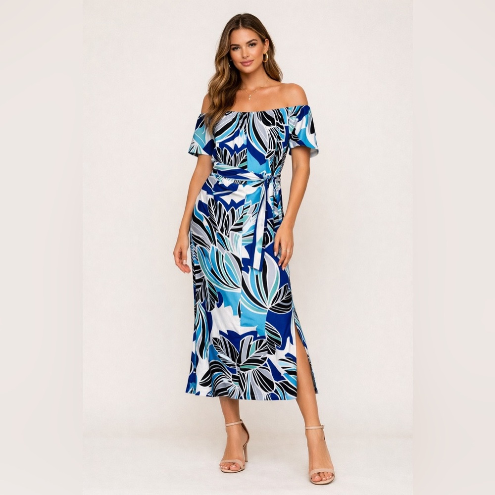 Yumi Kim Off Shoulder Blue Tropical Print Belted Midi Dress Size Medium NWT